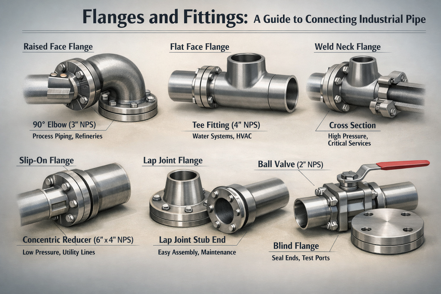 Diagram showing various types of flanges and fittings including raised face, flat face, and weld neck