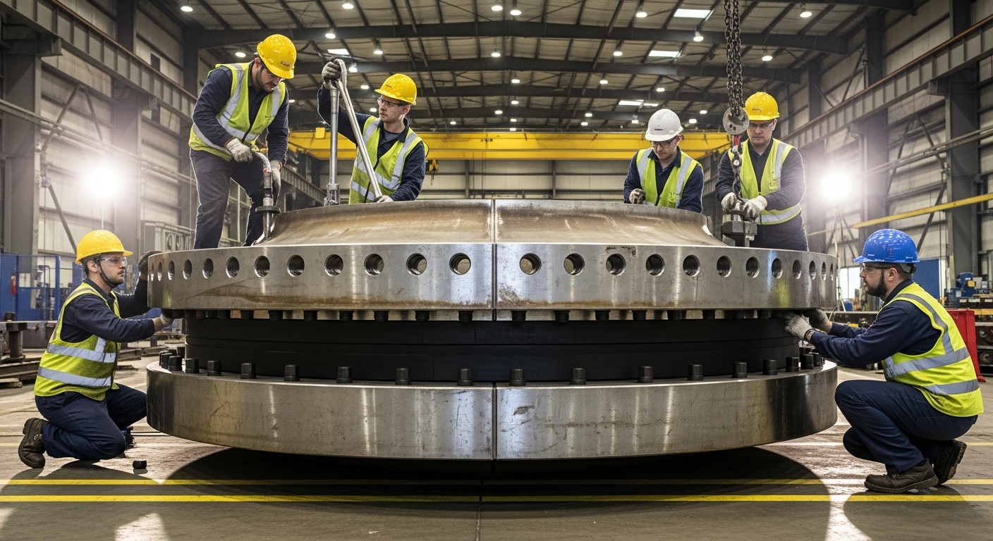Workers assembling large girth flange on heat exchanger in industrial facility